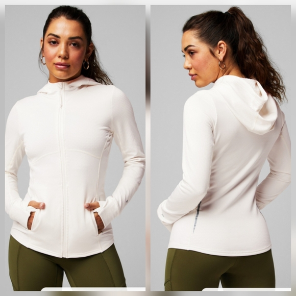 Fabletics Tops - Fabletics Tech Knit Bone White Full Zip Hoodie